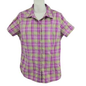 The North Face Plaid Hiking Shirt Women Large Purple Green VaporWick Outdoor Top